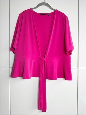 Susan Graver Everyday Liquid Knit Cardigan Hot Pink Peplum Tie Front Large